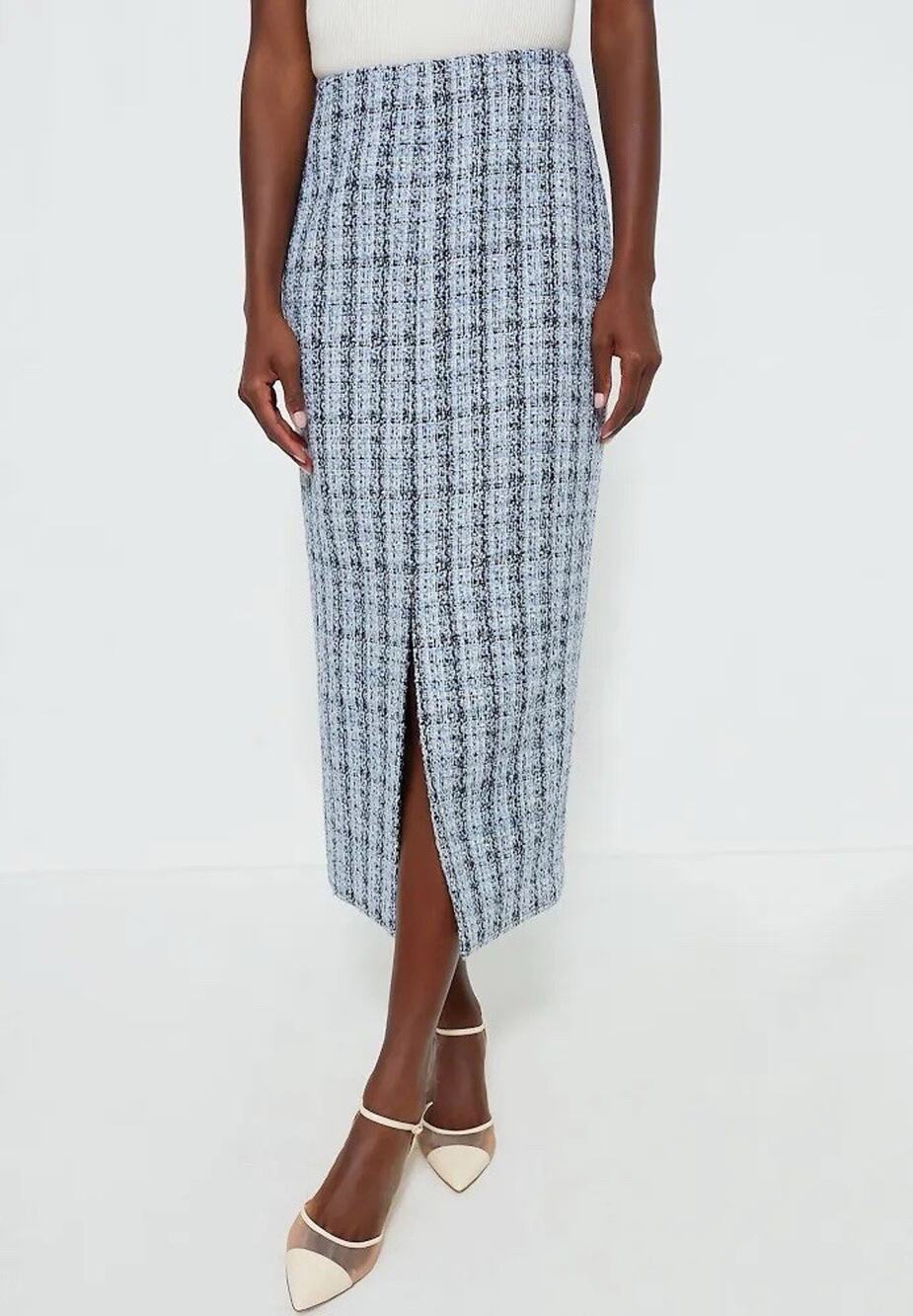 Tuckernuck Dorset Tweed Cynthia Midi Skirt Small Blue Plaid Tweed Classic Preppy